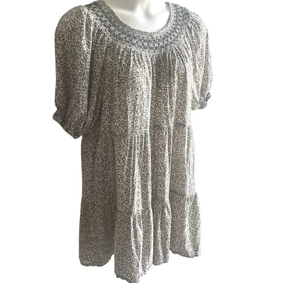Smocked Floral Babydoll Mini Dress Women’s Large Cottagecore Boho Puff‎ Sleeve - Picture 2 of 7